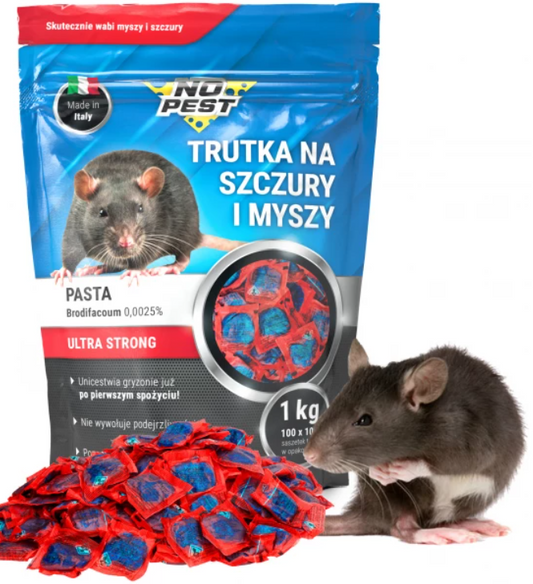 Krachtig gif tegen ratten, muizen en knaagdieren 1 kg No Pest Brodifacoum blauwe pasta in portiezakjes